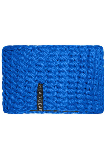 A blue crocheted headband with a small logo tag on one side.