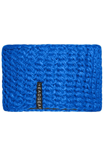 A bright blue crocheted headband with a branded tag. The texture is thick and woven, adding warmth and style.