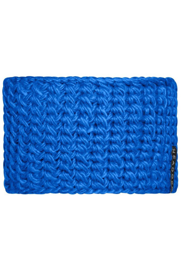 A bright blue crocheted headband with a textured pattern and a small logo tag.
