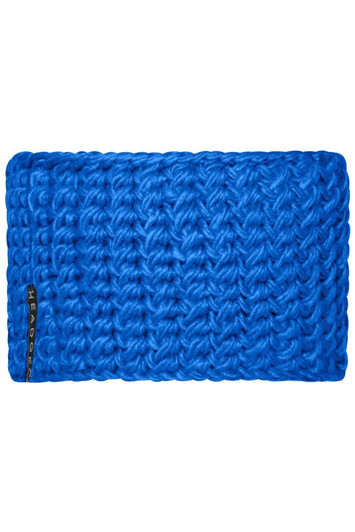 A bright blue crocheted headband with textured stitches and a small logo on the side.