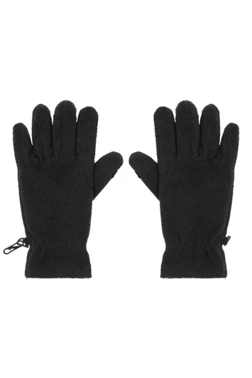 Black touch-screen fleece gloves with a fitted design and an adjustable feature at the wrist.