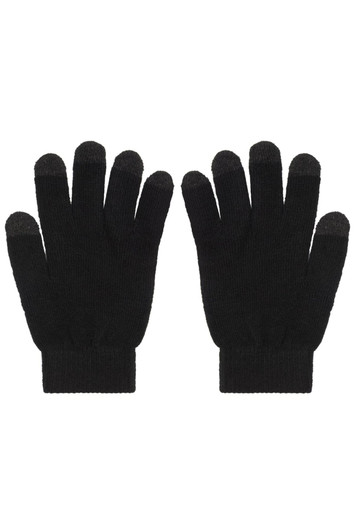 A pair of black knitted gloves with touch-screen compatible fingertips, featuring a plain design and a snug fit.