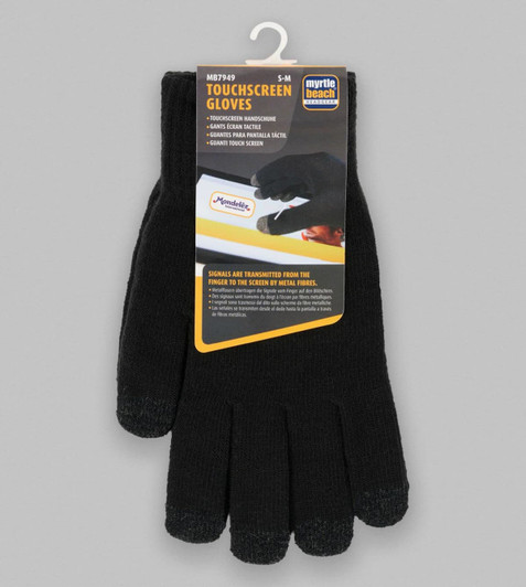 Black touch-screen knitted gloves displayed with packaging, featuring a logo and information about their functionality.