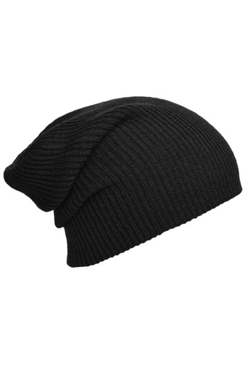 A black knitted long beanie with a ribbed texture, featuring a slouchy design.