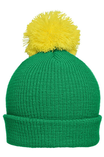 A green knitted beanie with a yellow pompon on top. The hat features a folded brim and has a logo.