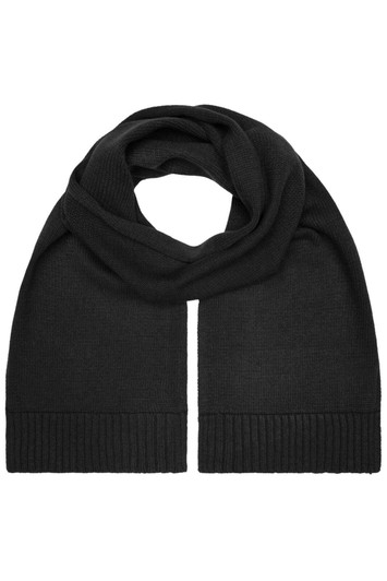 A black melange scarf with a ribbed texture, featuring a simple design and a soft finish.