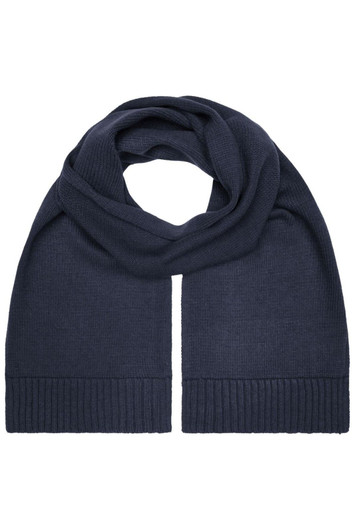 A navy blue scarf with a ribbed texture and a wide, flat design, featuring a logo.
