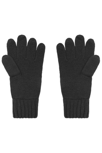 A pair of black knitted gloves with a ribbed cuff and five-finger design.