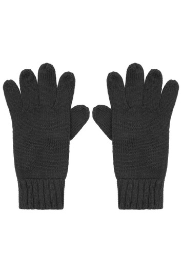 A pair of black knitted gloves with a ribbed cuff and five-finger design. The gloves have a branding logo.