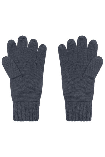 A pair of dark grey knit gloves with a ribbed cuff design. The gloves feature a five-finger style and a textured surface.