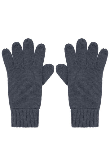 A pair of dark grey knitted gloves with a ribbed cuff, featuring five fingers each and a logo on one glove.