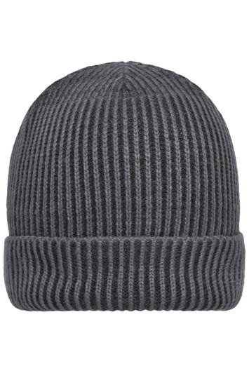 A ribbed beanie in a dark grey colour, featuring a folded cuff and textured design. Contains branding.