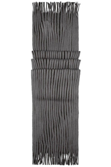 A ribbed scarf in various shades of grey, featuring a fringed design and a branding logo.