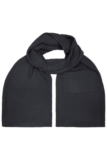 A dark grey scarf with a ribbed texture, featuring an attached pocket and a logo.