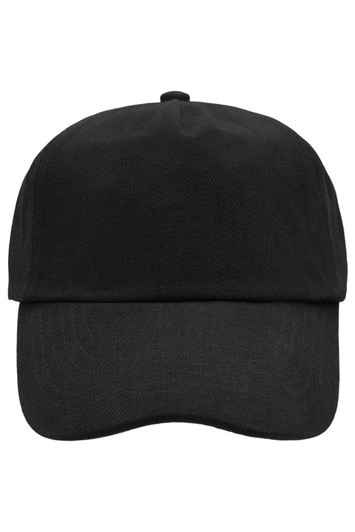 A black 5 Panel Cap featuring a curved peak and a plain design. It has a logo on the front.