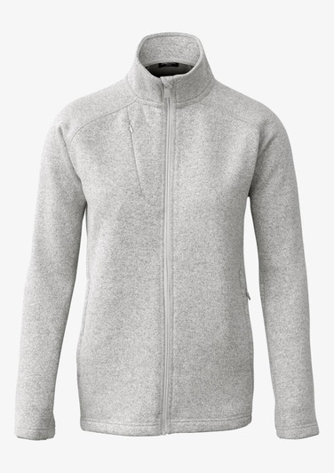 A grey polar fleece jacket with a full zip and a high collar. It has a simple design and features a logo.
