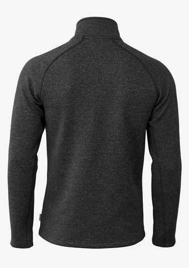 A polar fleece jacket in dark grey, featuring a high collar and long sleeves, with a small logo on the back.