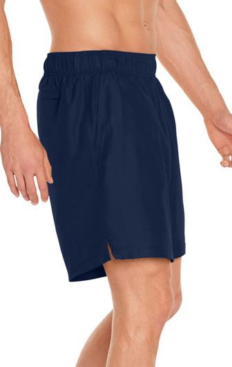 Men's navy volley swim trunks featuring an elastic waistband and side slits, designed for comfort and movement.