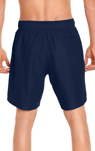 Men's navy volley swim trunks featuring a back pocket and an elastic waistband, designed for comfort and sun protection.