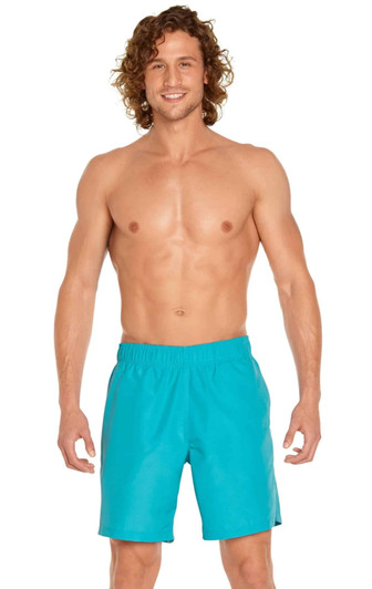 Men's volley swim trunk in bright turquoise, featuring an elastic waistband and a logo. Suitable for swimwear.