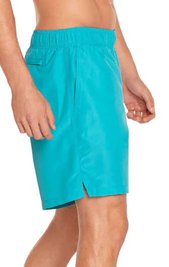 Men's volley swim trunks in bright turquoise, featuring an elastic waistband and side slits for ease of movement.