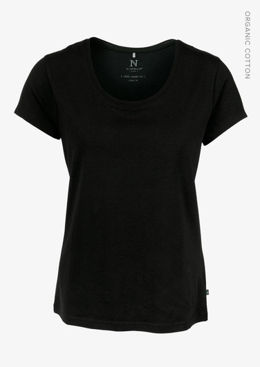 A black women's T-shirt with a round neckline and short sleeves, made from organic cotton. The shirt has a logo.