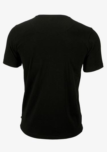A black T-shirt featuring a simple design and a logo on the back.