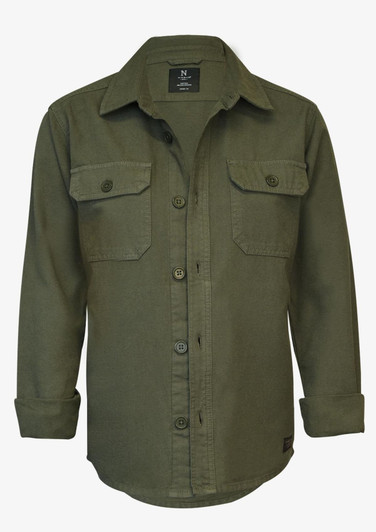 An olive green unisex shirt with a button-up front and two chest pockets. Features long sleeves and a collar.