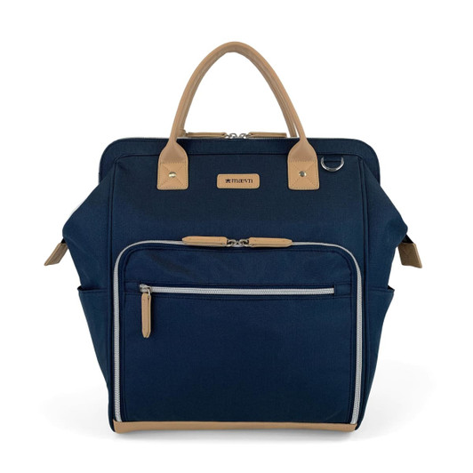 A navy blue clinical backpack with tan accents, featuring multiple zippered compartments and a sleek design.