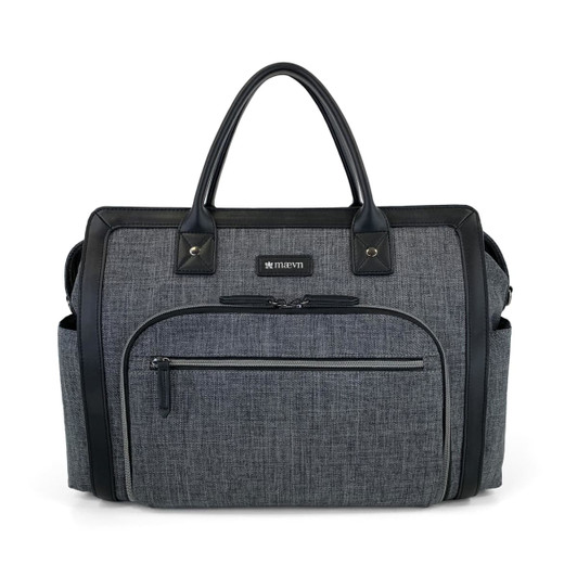 A grey fabric satchel with black faux leather handles and zippers, featuring a front pocket and a logo.
