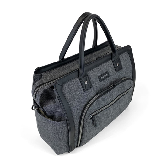 A grey doctor's satchel with black accents, featuring multiple compartments and handles for easy carrying.