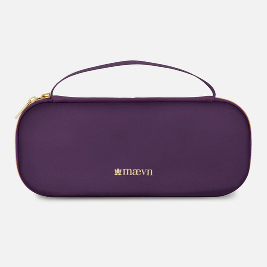 A purple stethoscope case with a handle and a gold logo on the front. Smooth exterior and zippered closure.