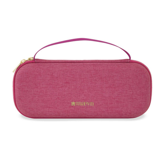 A pink stethoscope case with a zipper and a handle, featuring a gold logo.