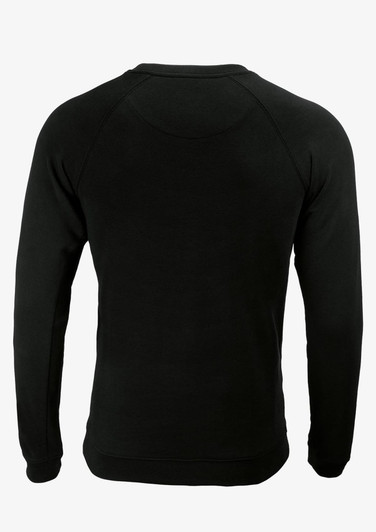 A black men's sweatshirt with long sleeves and a classic fit, featuring a logo on the back.