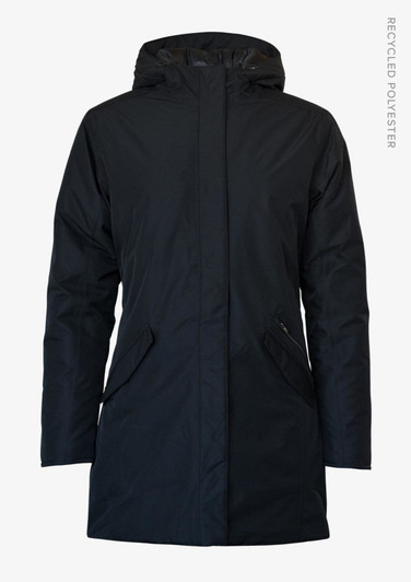 A women's jacket in black, featuring a hood and side pockets, made from recycled polyester.