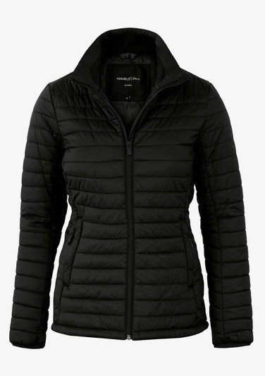 A black puffer jacket with a zip front and a high collar, featuring a logo on the interior.