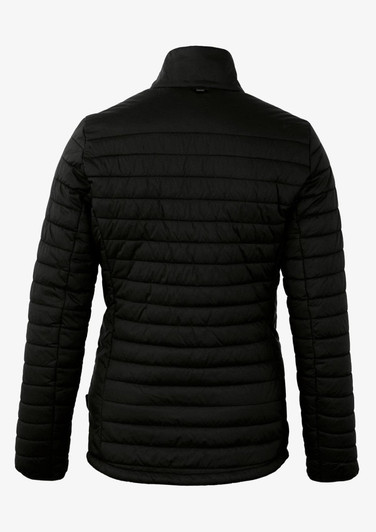 A black puffer jacket featuring a quilted design and a high collar, displayed from the back. It has a logo.