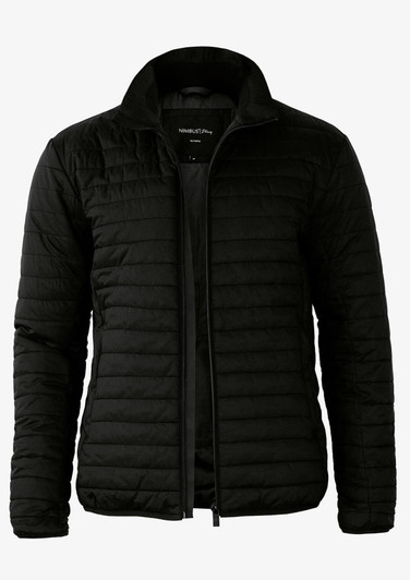 A black puffer jacket with a zip front, featuring a collar and quilted design. It has a logo on the interior.