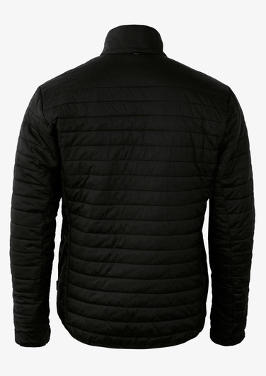 A black puffer jacket with a quilted texture and a high collar, featuring a logo on the back.