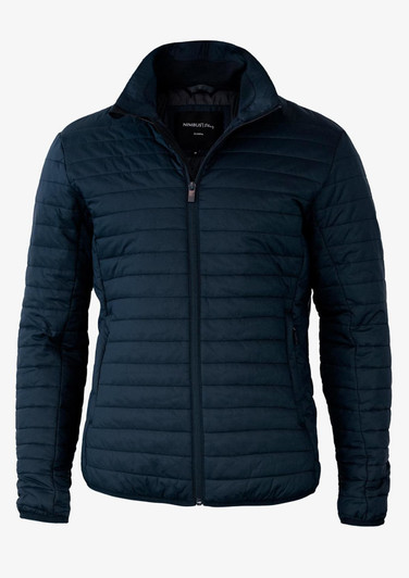 A navy puffer jacket with a zippered front and a high collar, featuring a logo on the chest.