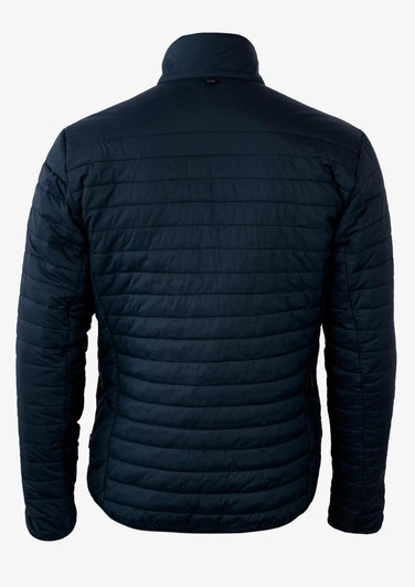 A navy puffer jacket with a quilted design, featuring a high collar and a logo on the back.