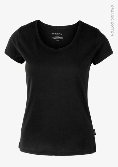 A black women's t-shirt with a scoop neckline and short sleeves, made from organic cotton. It features a brand label.