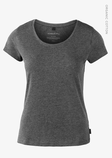 A grey women's T-shirt featuring a scoop neckline and short sleeves, made from organic cotton. Includes a branding label.