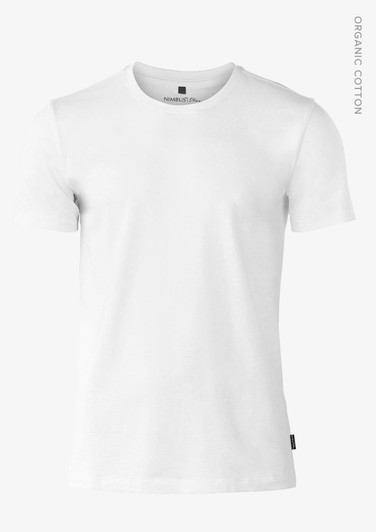 A white men's t-shirt made from organic cotton, featuring a simple design and a logo.