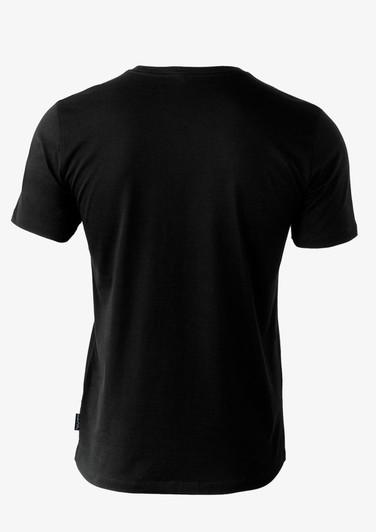 A black men's t-shirt featuring a classic round neckline and short sleeves, designed for casual wear.