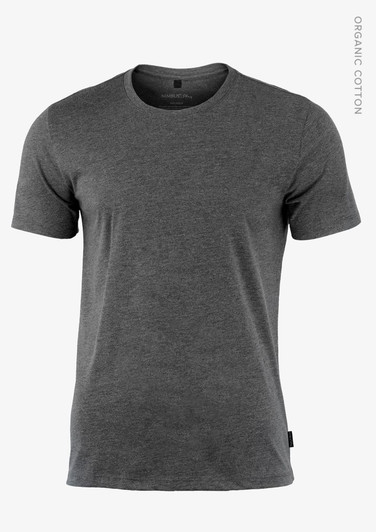 A grey t-shirt made from organic cotton, featuring a simple design and a small logo on the side.