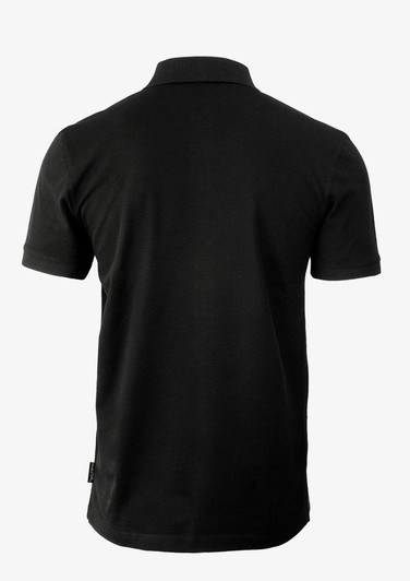 A black polo shirt featuring a collar and short sleeves, with a logo on the side.