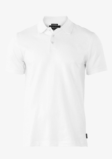 A white polo shirt with a collar and three buttons, featuring a logo on the side.