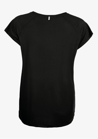 A black women's T-shirt with a relaxed fit and cap sleeves, featuring a logo on the back.
