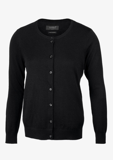 A black cardigan featuring a button-up front and long sleeves. The product includes a logo.